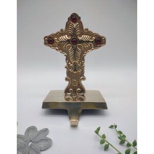 Vintage Brass Cross Crucifix Christmas Stocking Holder Hanger, Red Jewel Accents